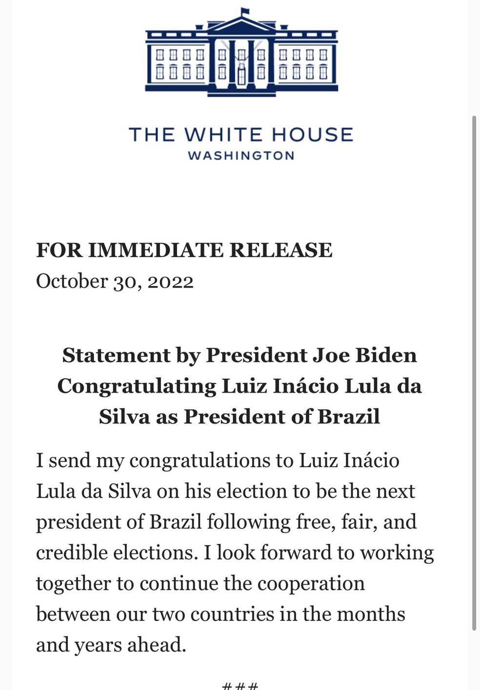 Lula responde carta de Biden e convida presidente dos EUA para