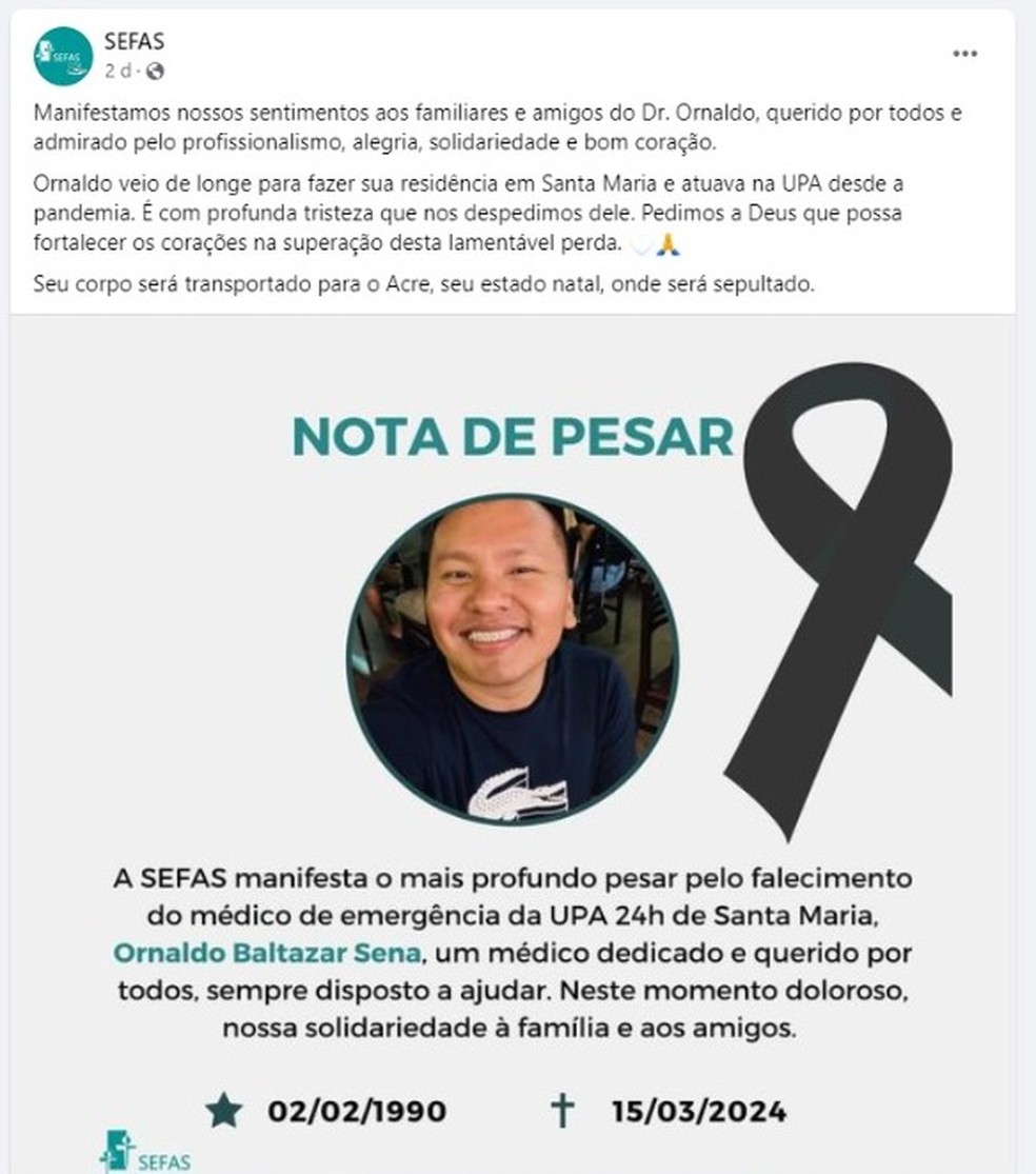 Instituições de saúde e coletivos indígenas publicaram notas de pesar pelo falecimento de Ornaldo Sena — Foto: Reprodução/Facebook
