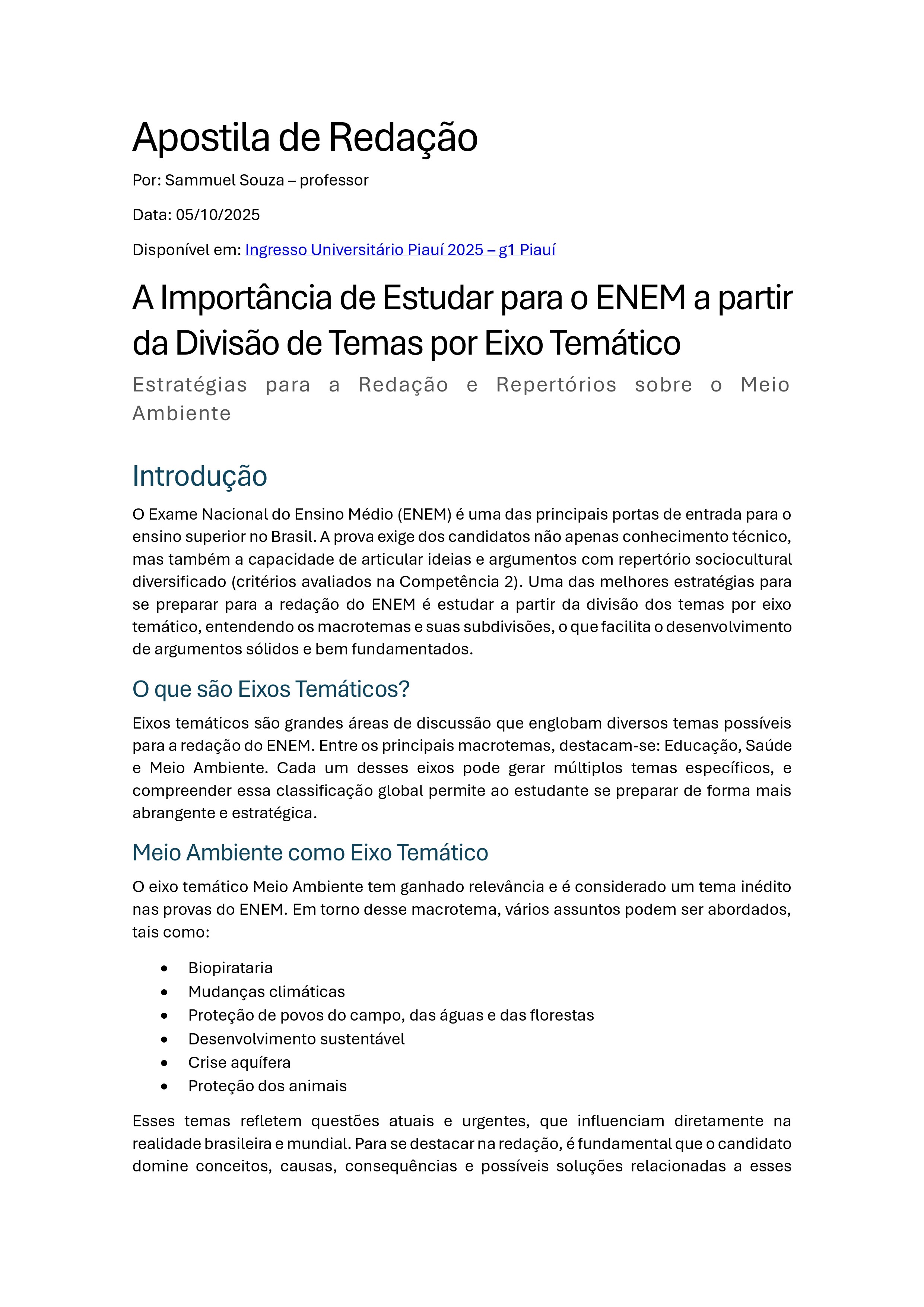 Redação do Enem 2025: professor piauiense traz uma discussão sobre a divisão de tema por eixo temático