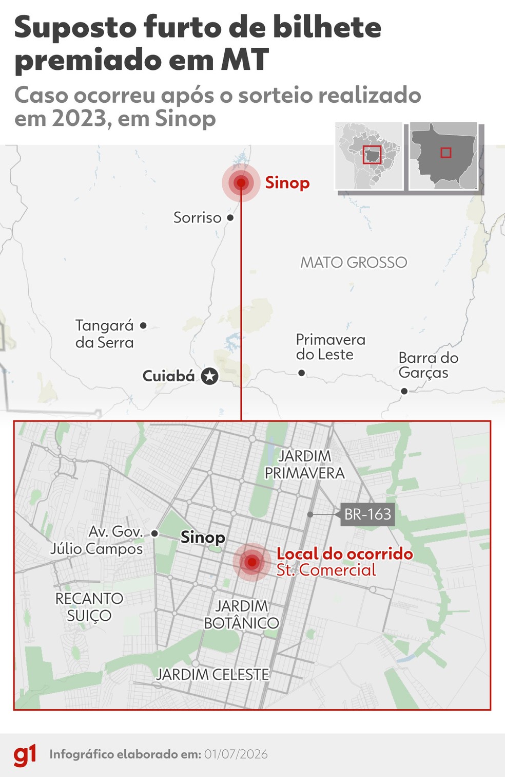 Suposto furto de bilhete da Mega-Sena ocorreu em Sinop (MT) — Foto: Arte g1