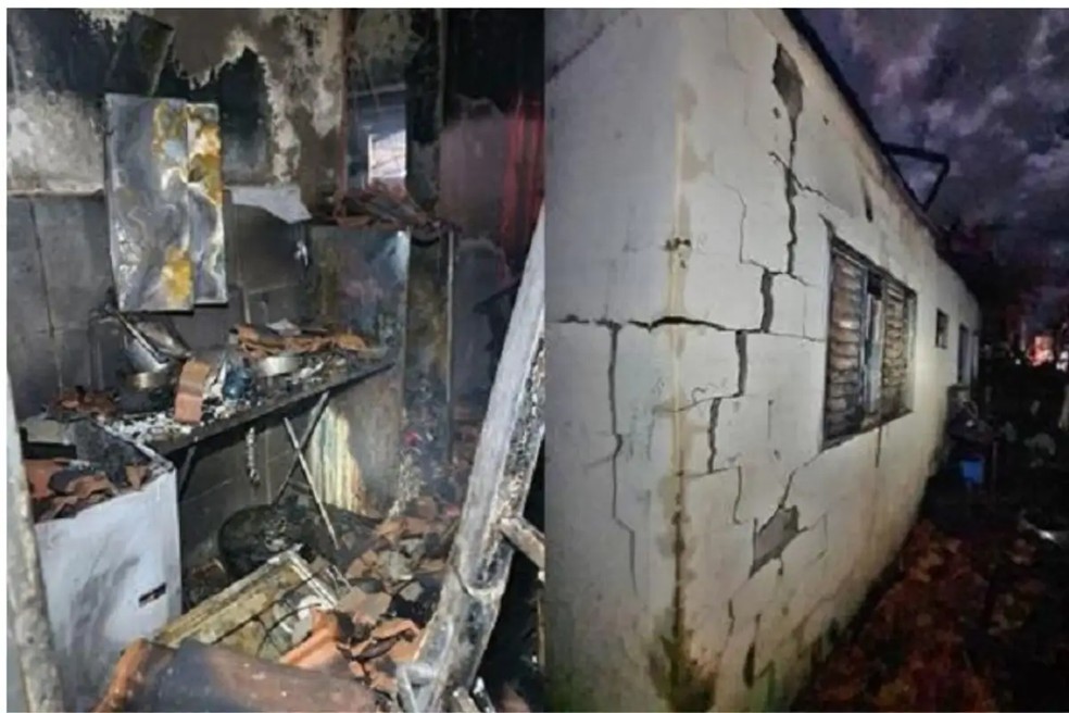 A casa ficou com a paredes rachadas e as vigas abaladas — Foto: Reprodução 