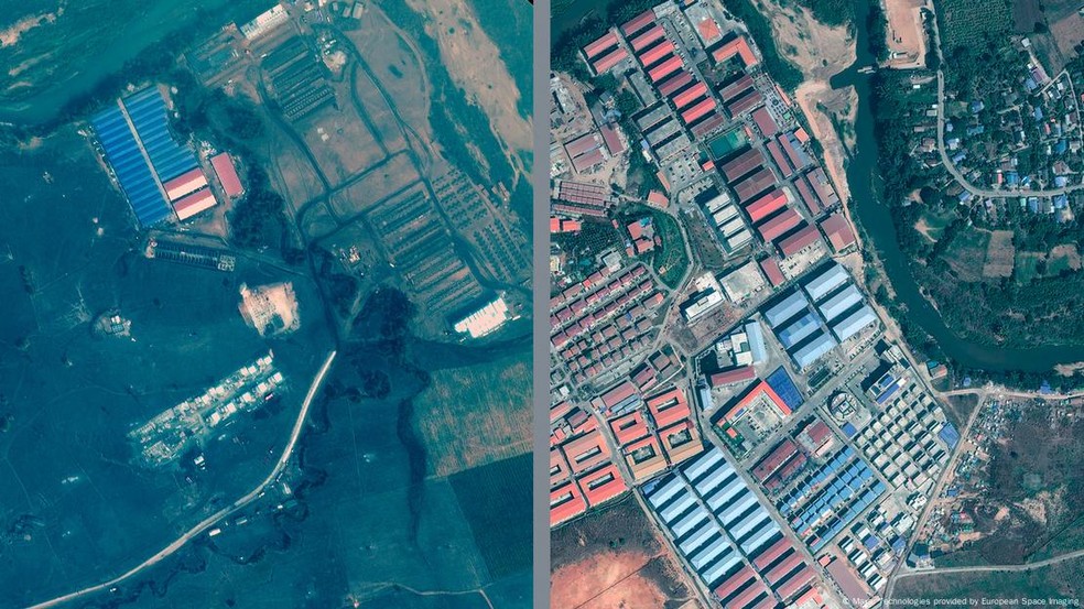 Imagens de satélite mostram expansão do KK Park, em Mianmar, entre 2020 e 2024 — Foto: Maxar Technologies provided by European Space Imaging