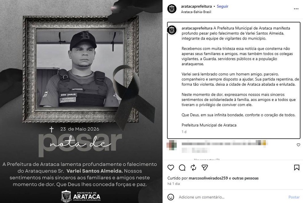 Prefeitura emitiu nota de pesar após assassinato de guarda civil na Bahia — Foto: Reprodução/Redes Sociais