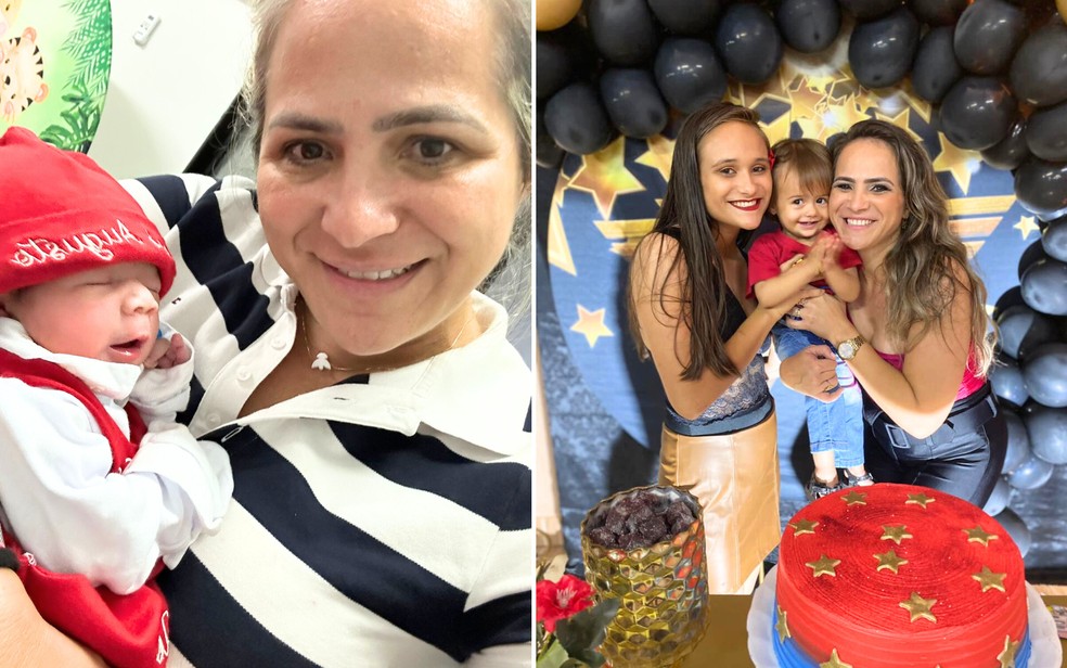 (&Agrave; esquerda) Laricy Oliveira no hospital com o neto rec&eacute;m-nascido. (&Agrave; direita), Laricy, a filha e outqra neta. &mdash; Foto: Arquivo Pessoal/Laricy Oliveira