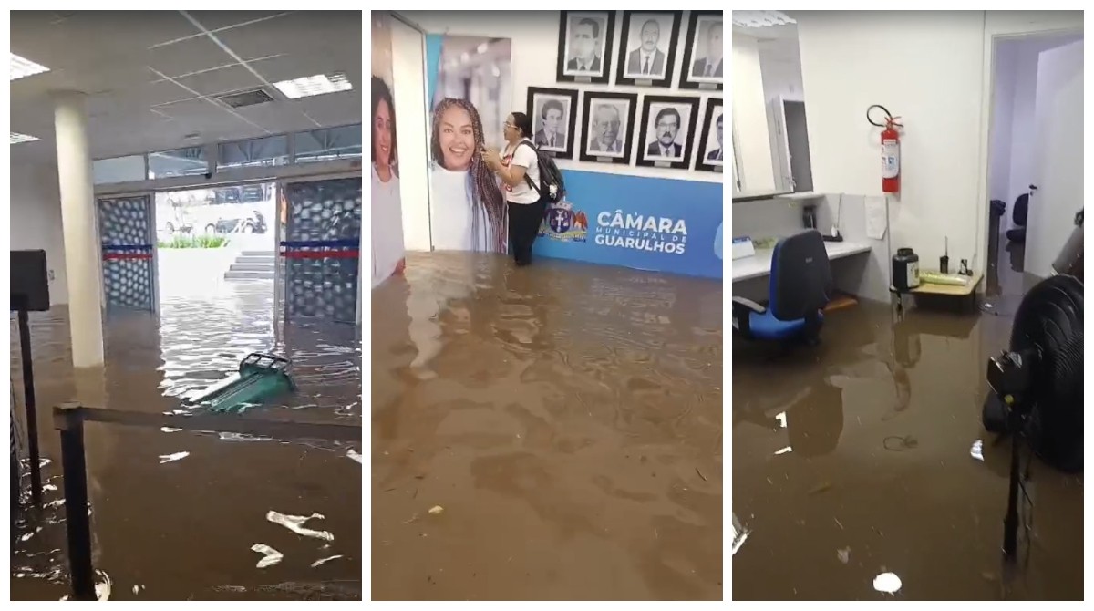 Chuva invade Câmara Municipal de Guarulhos, e funcionários ficam com água até o joelho