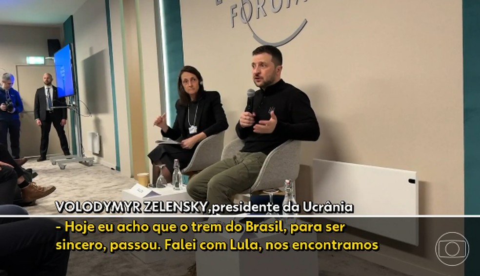 O presidente da Ucrânia, Volodymyr Zelensky, em entrevista à TV Globo durante o Fórum Econômico Mundial, em Davos, na Suíça, em 20 de janeiro de 2025. — Foto: Reprodução/ TV Globo