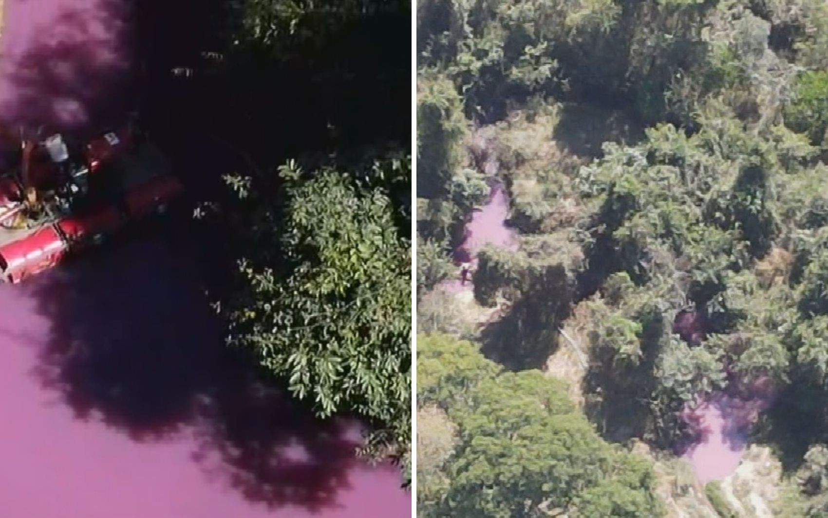 Mancha rosa gigante aparece em córrego após caminhão com produtos químicos pegar fogo na BR-153; vídeo 