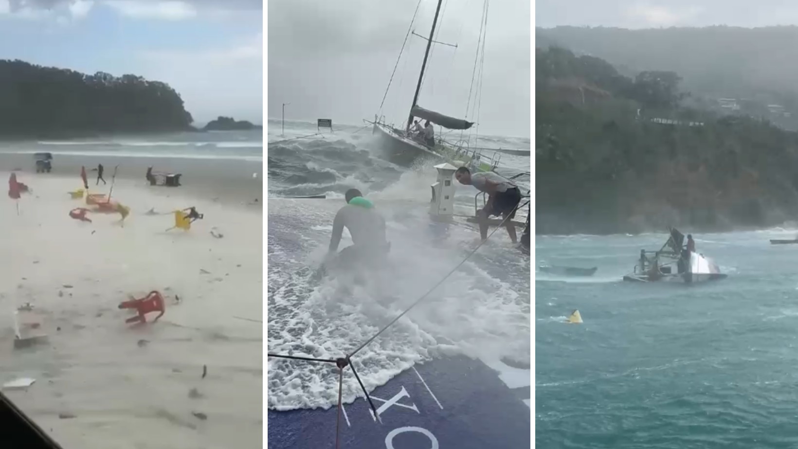 VÍDEO mostra mesas voando na praia e pessoa agarrada a barco virado durante vendaval no Litoral Norte de SP