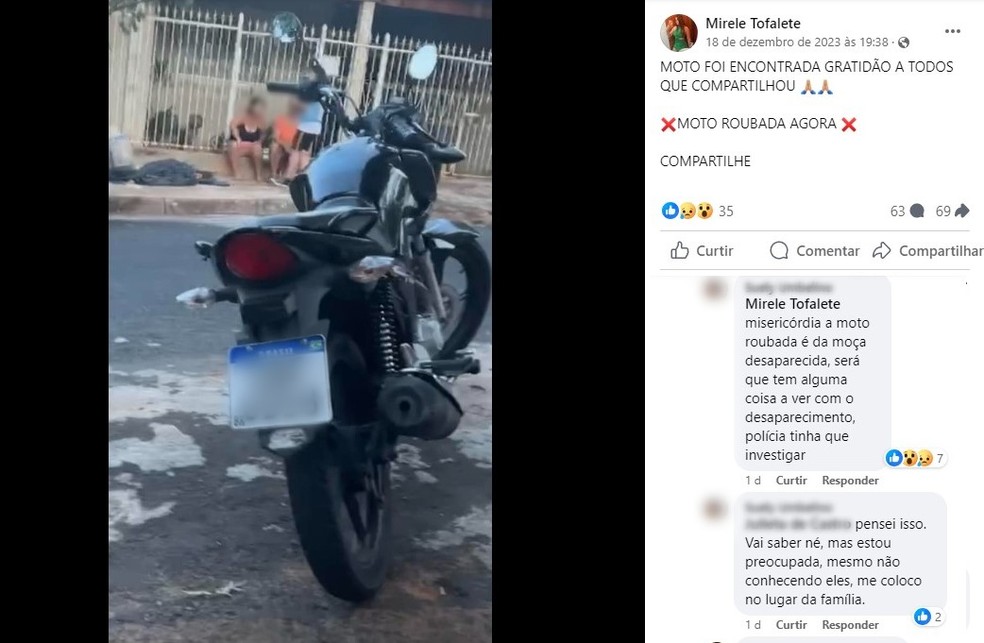 Mulher assassinada com marido e filha postou na web que teve moto roubada dez dias antes de desaparecer — Foto: Facebook/Reprodução