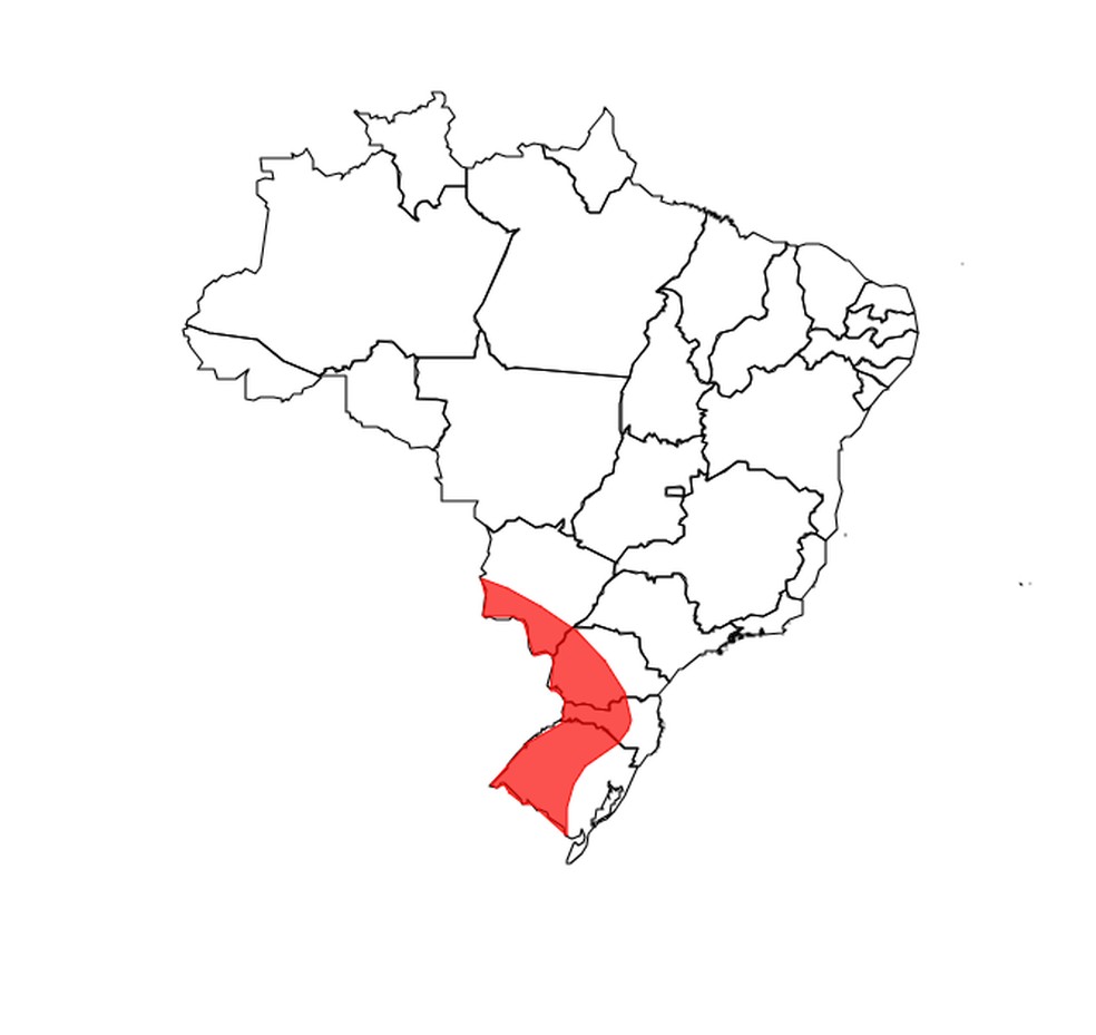 Área do país com aviso do Inmet de grande perigo por conta de tempestade no domingo (16). — Foto: Reprodução/Inmet