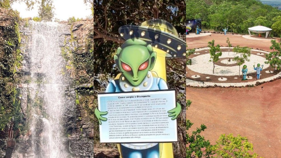 Cachoeria da Água Limpa, placa inspirada em ETs e o discoporto, no Parque Estadual da Serra Azul, em Barra dos Garça — Foto: Reprodução