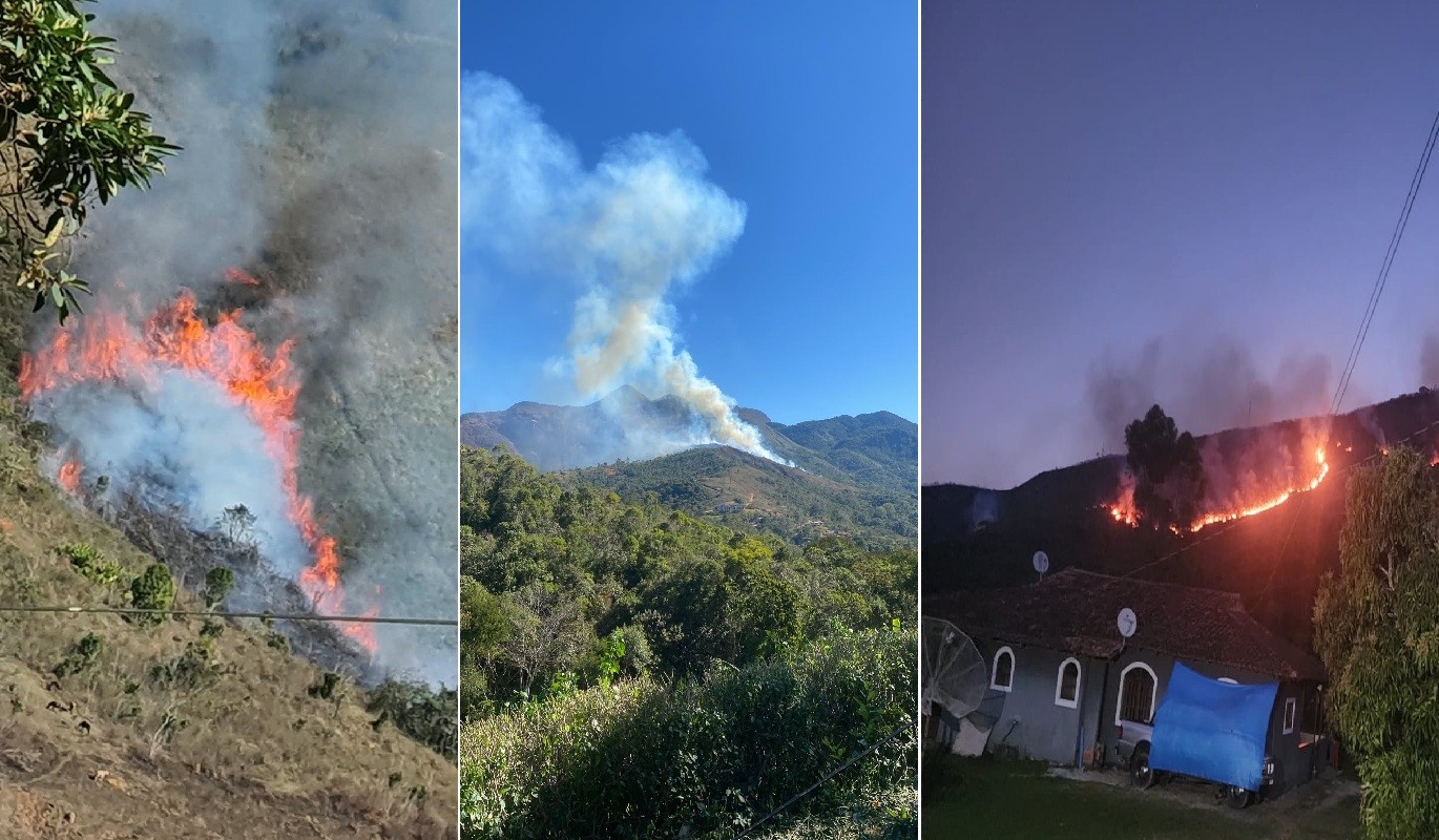 Incêndio de grandes proporções atinge área de mata no Parque das Montanhas, em Teresópolis