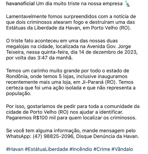 Loja oferece recompensa em troca de localização de criminosos que incendiaram estátua da liberdade em Porto Velho  — Foto: Reprodução/Redes sociais