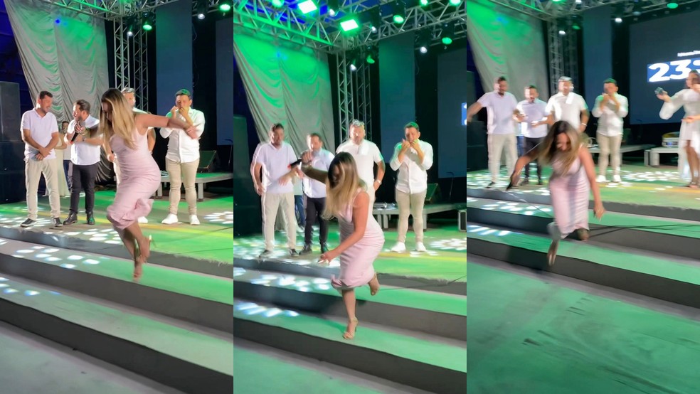 Imagens registram o momento do trope&ccedil;o da primeira-dama durante evento de virada do ano em Cacoal. &mdash; Foto: Reprodu&ccedil;&atilde;o/Redes sociais