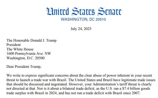 Senadores democratas dos EUA acusam Trump de 'claro abuso de poder' em carta sobre tarifas impostas ao Brasil