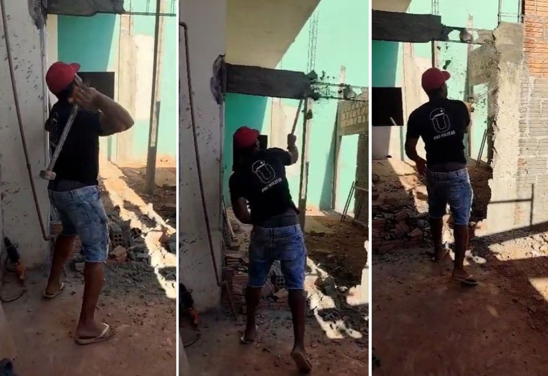 Vídeo mostra ex-funcionário de construtora quebrando parte de obra com marreta após ser demitido: 'Pagamento nunca saiu'