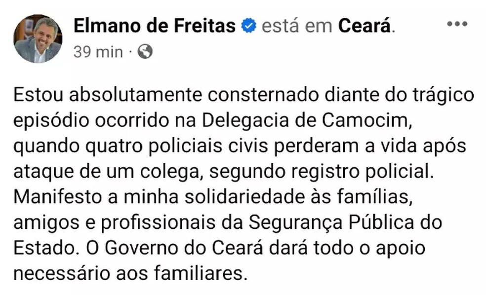 Governador do Ceará expressou seus sentimentos. — Foto: Reprodução