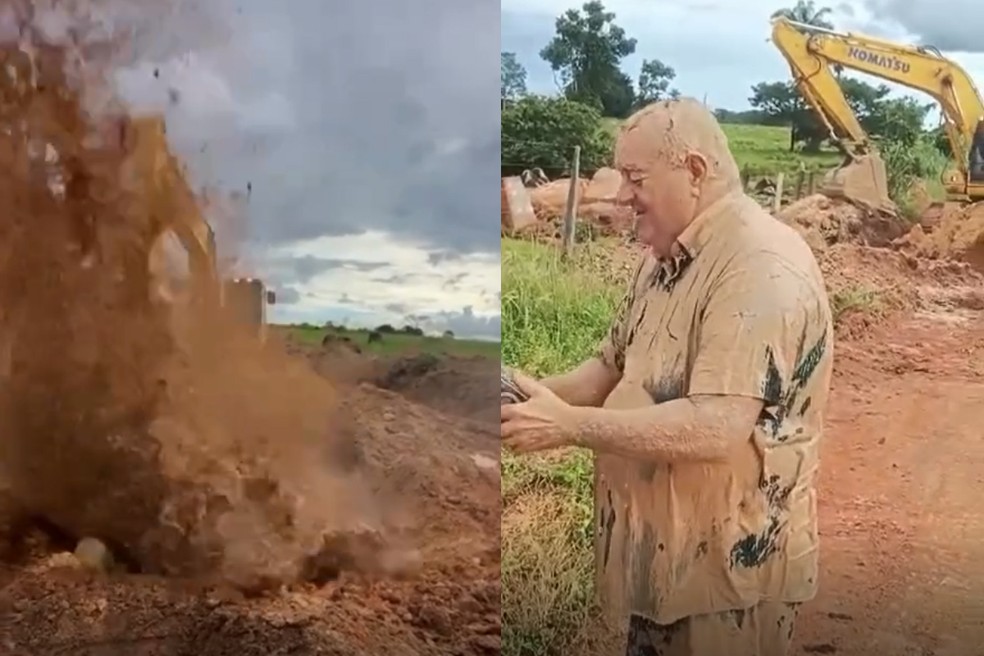 Vereador de MT leva banho de lama durante fiscalização de obra em estrada rural — Foto: Reprodução/Redes sociais
