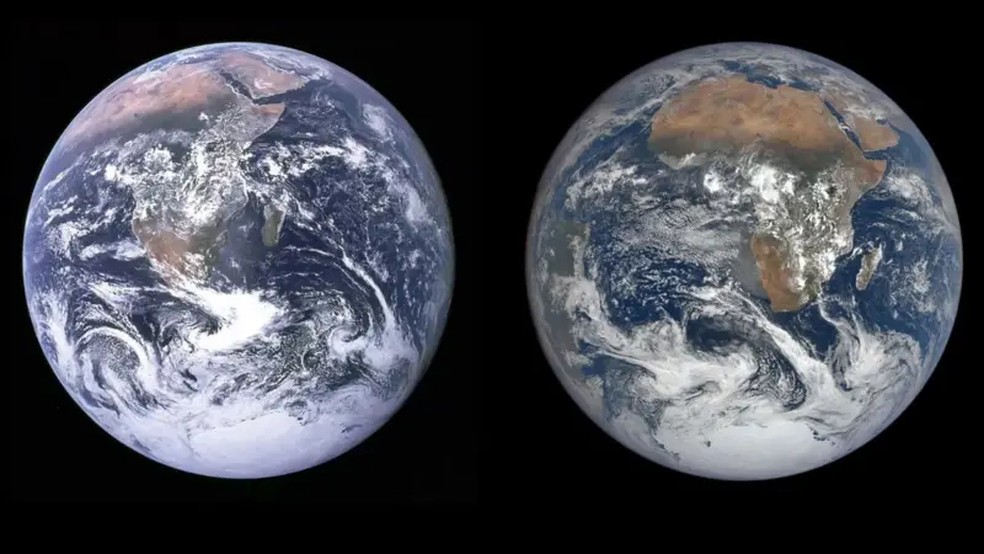 A icônica Blue Marble ao lado de uma fotografia tirada 50 anos depois — Foto: NASA