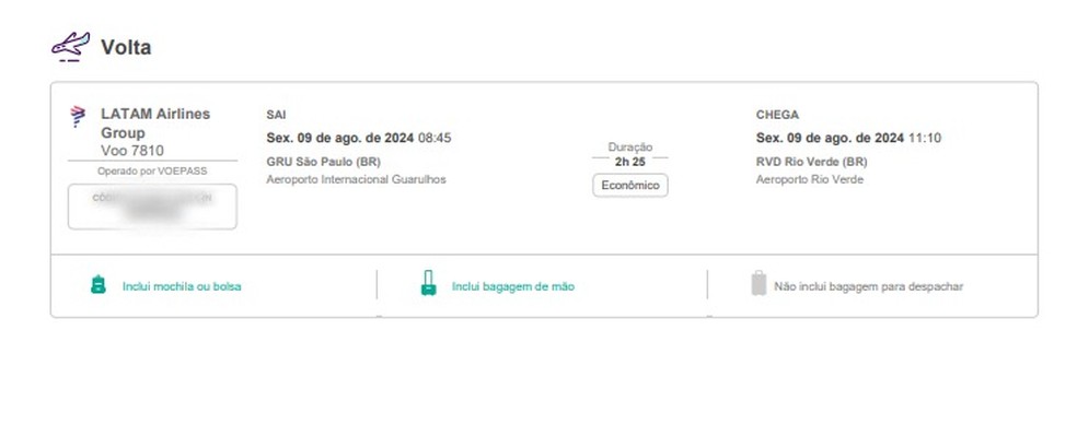 Comprovante da passagem, operada pela VoePass. — Foto: Fernando Morais/Arquivo Pessoal