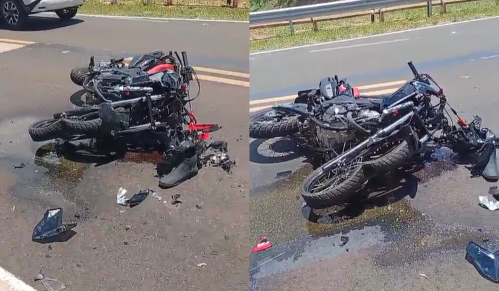 Moto fica destruída após acidente com caminhão em Ouro Verde — Foto: Hora da Notícia Dracena/Imagem Cedida