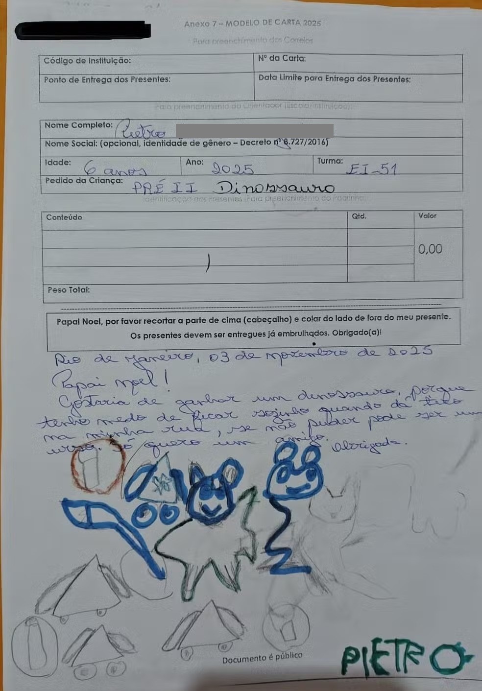 Pietro quer um dinossauro de presente do Papai Noel — Foto: Reprodução
