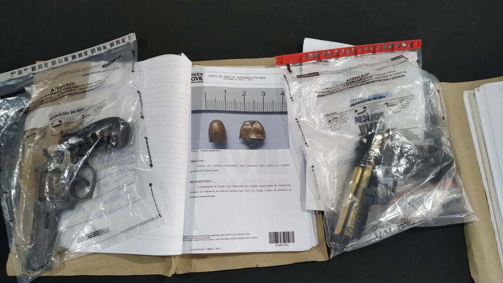 Armas que teriam sido usadas no crime foram apreendidas e apresentadas junto com a conclusão do inquérito — Foto: Cristiane Rodrigues/g1