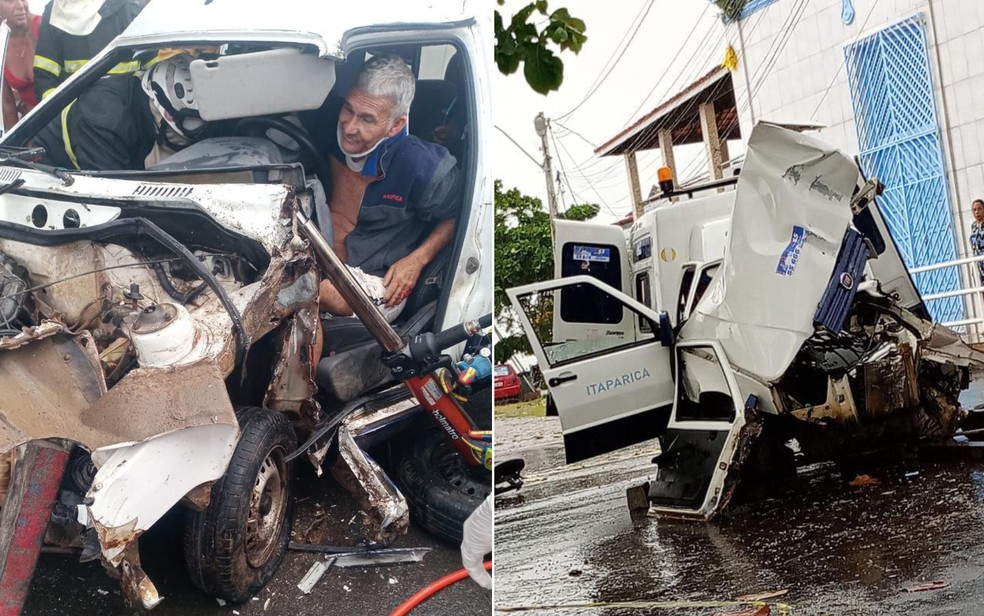 Ambulância ficou destruída após acidente na Bahia — Foto: Redes sociais