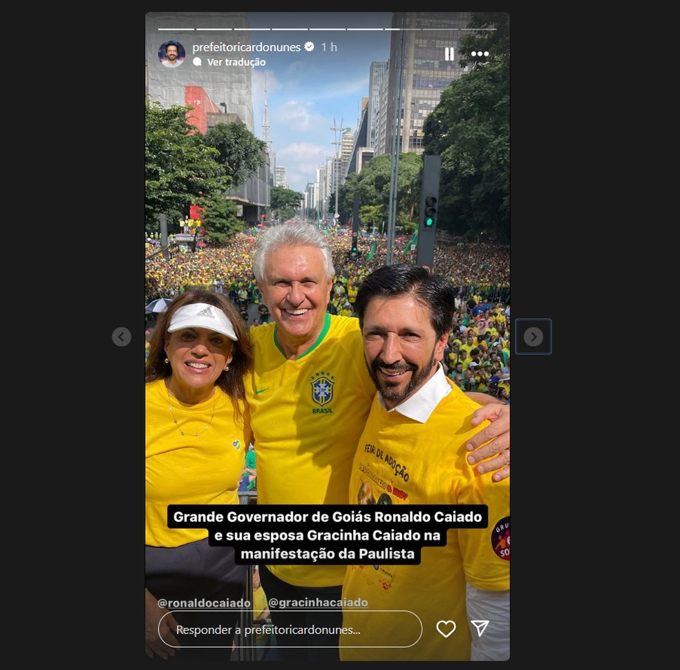 À direita, o prefeito de São Paulo, Ricardo Nunes (MDB), ao lado do governador de Goiás, Ronaldo Caiado, em manifestação pró-Bolsonaro na Avenida Paulista neste domingo (25) — Foto: Reprodução/Instagram