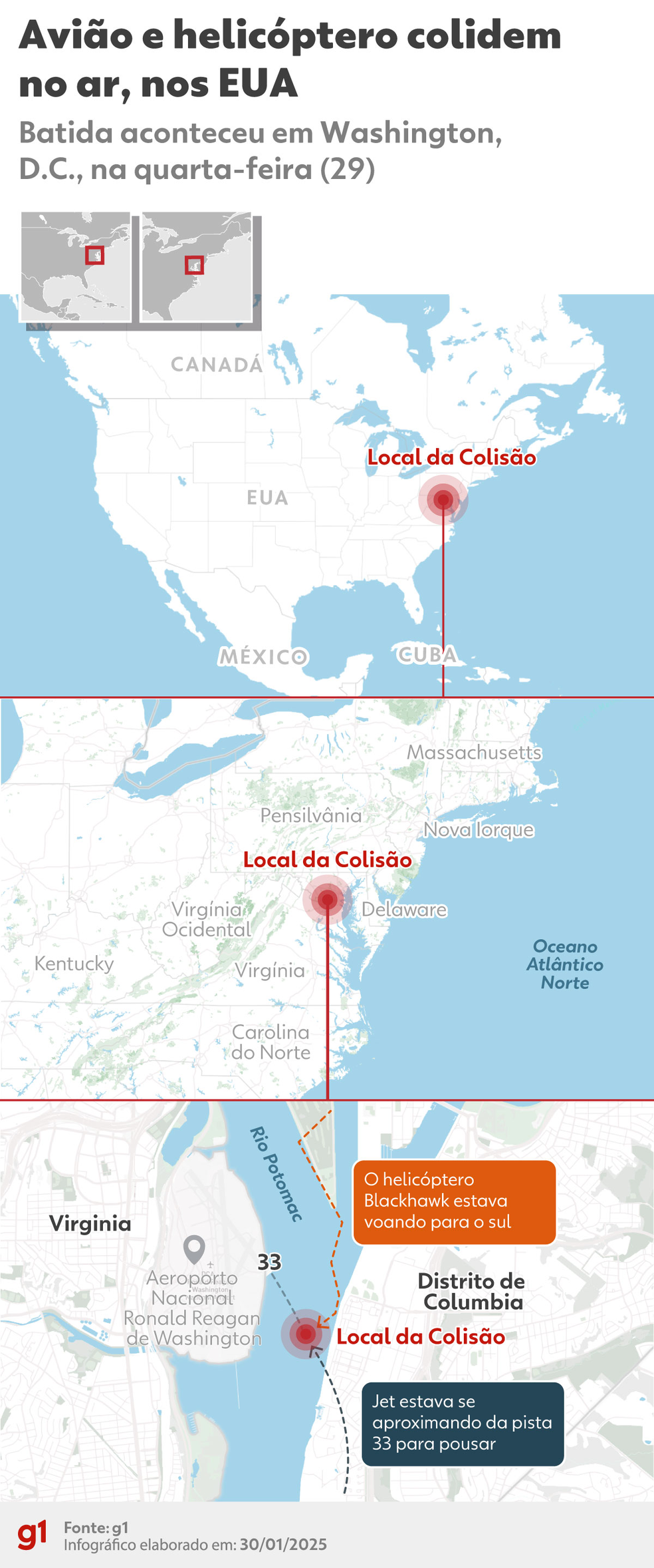 Mapa mostra local de colisão entre avião e helicóptero perto de Washington, capital dos Estados Unidos, em 29 de janeiro de 2025. — Foto: arte/ g1