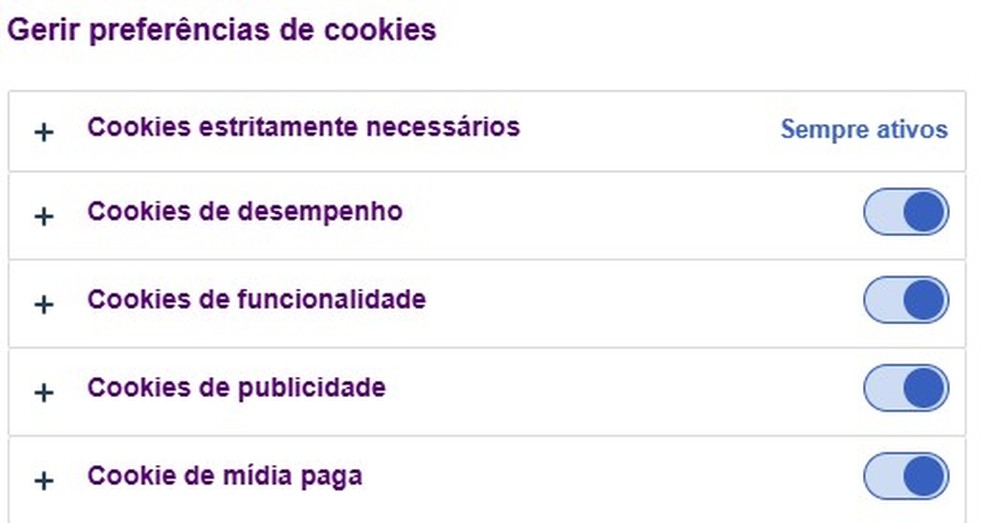 Pop-up que aparece quando se clica em "gerenciar" ou "definir" cookies em um site — Foto: Reprodução
