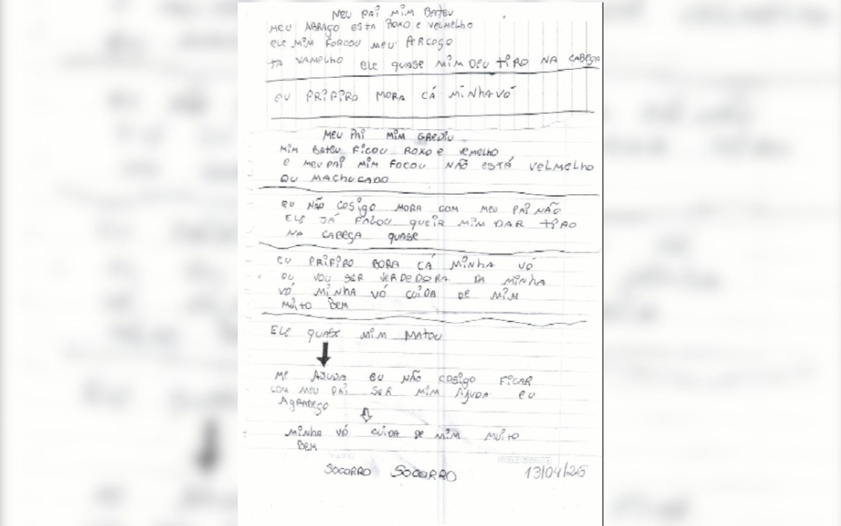 Adolescente pede socorro em bilhete enviado a colega ao revelar ter sido agredida pelo pai 