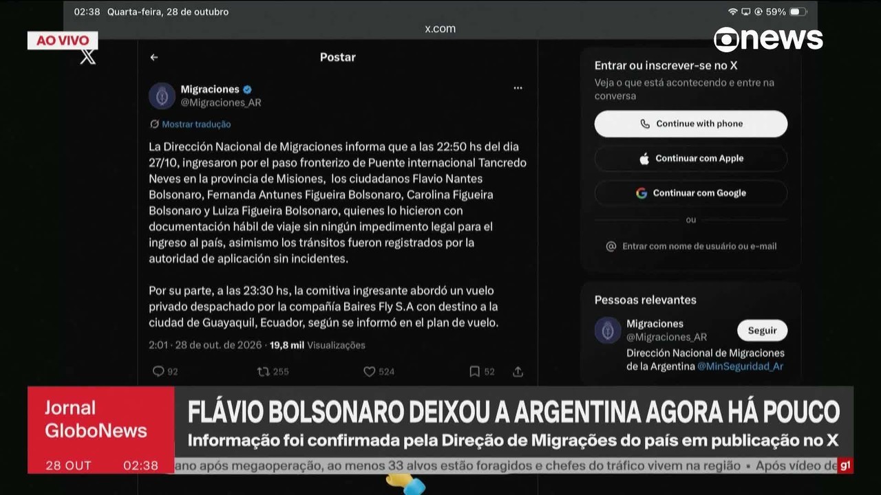 Atualização: Flávio Bolsonaro e família cruzam fronteira e seguem em voo privado para o Equador, diz Migração argentina