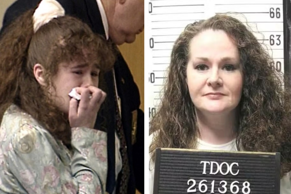 Christa Pike quando foi sentenciada, em 1996, e em mugshot de 2023 — Foto: Foto 1: WBIR-TV via AP / Foto 2: TDOC via AP