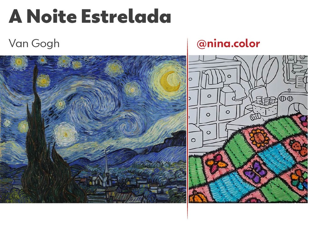 Lado a lado de "A noite estrelada" e uma pintura de Bobbie Goods de @niina.color. — Foto: Arte: Gui Souza/g1