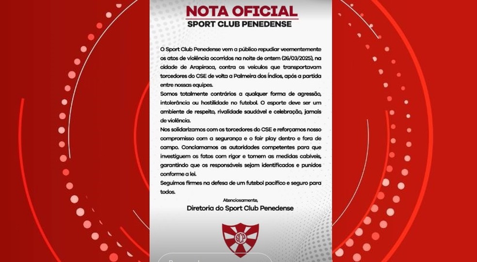 Nota de repúdio do Penedense — Foto: Reprodução/Instagram