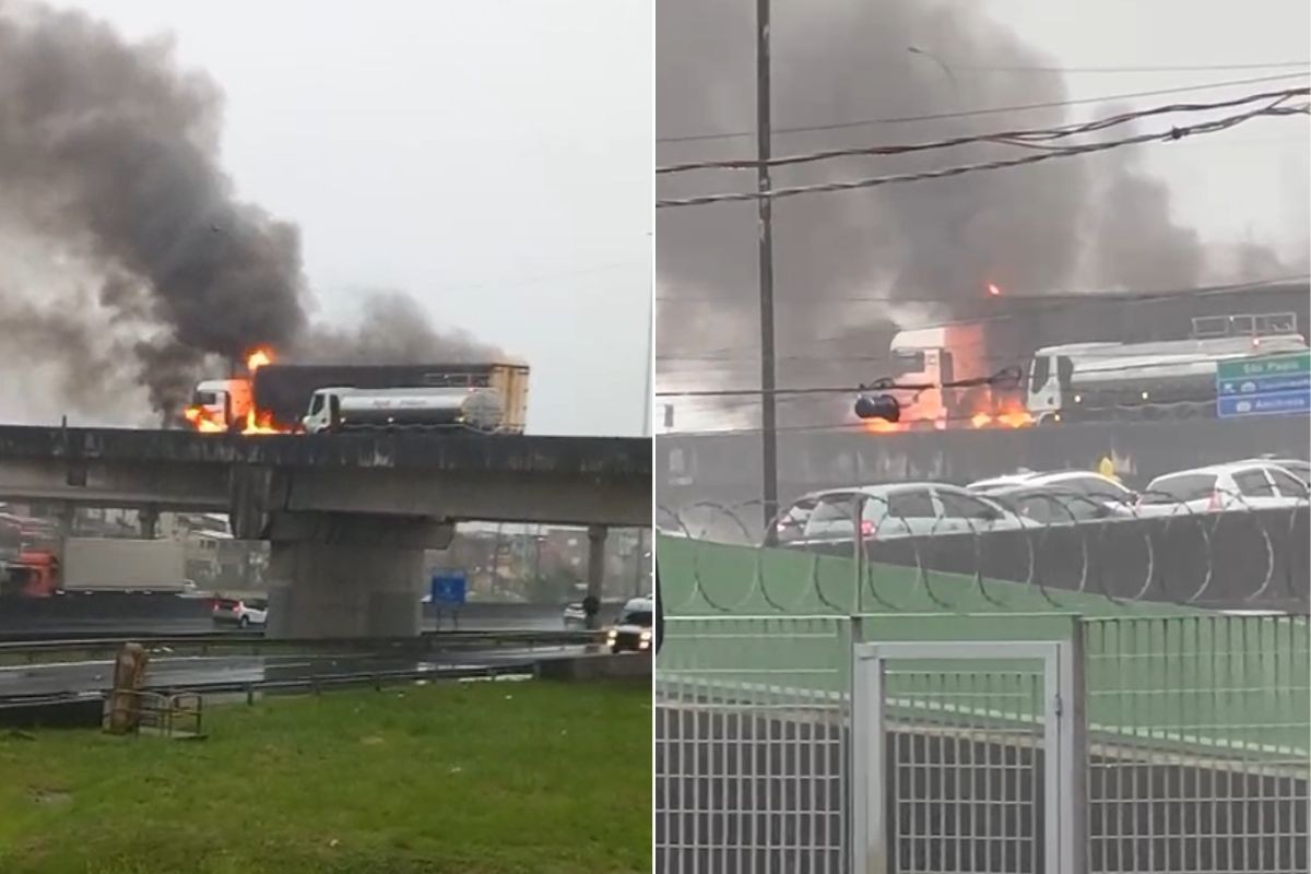 Carreta carregada com açúcar pega fogo na rodovia Anchieta; VÍDEO