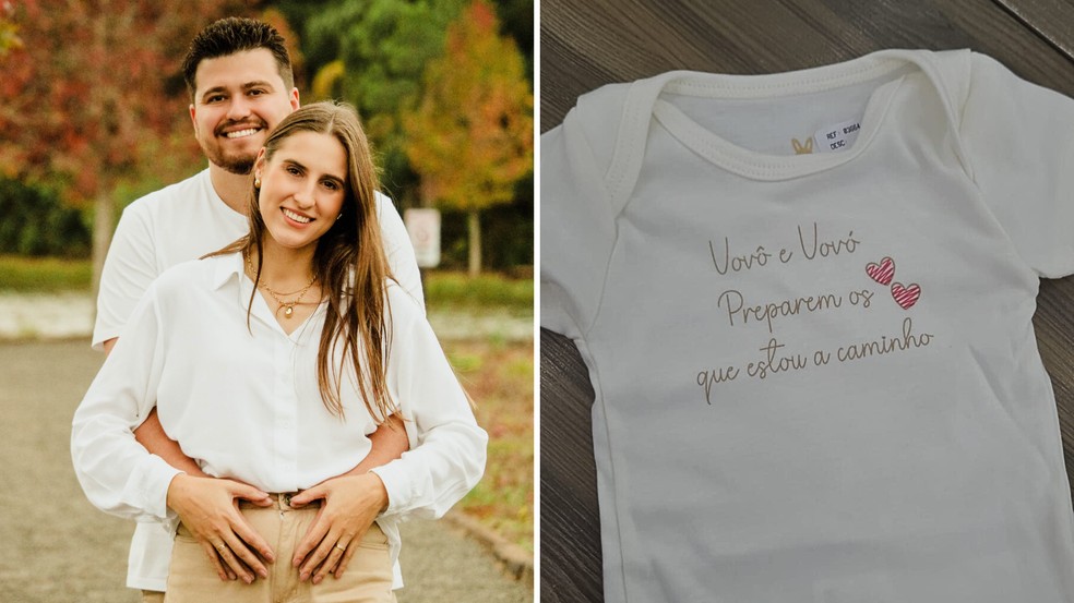 Rayne e o marido, Leandro, e o body que ela deu de presente aos pais — Foto: Arquivo pessoal