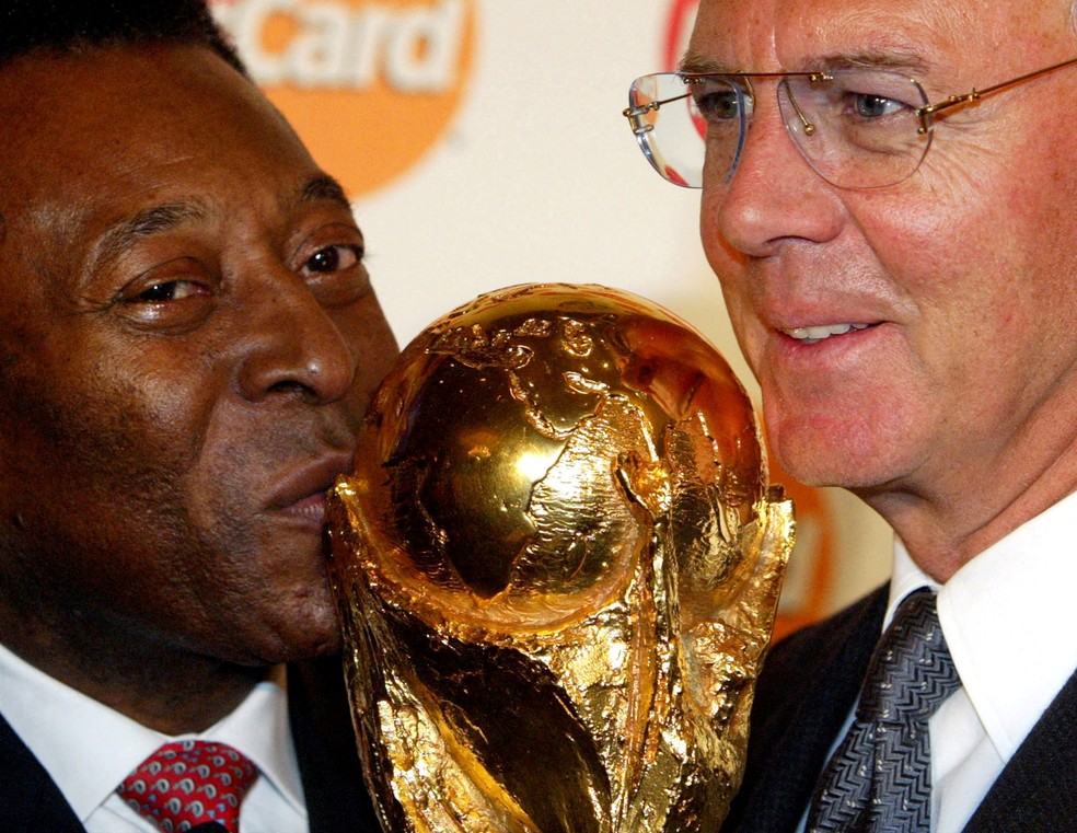 Pelé beija troféu da Copa do Mundo ao lado do alemão Franz Beckenbauer em 12 de março de 2003 — Foto: Tobias Schwarz/REUTERS