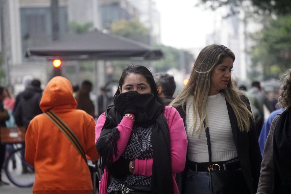 Pessoas se protegem do frio na Avenida Paulista, no Centro de SP. — Foto: CRIS FAGA/DRAGONFLY PRESS/ESTADÃO CONTEÚDO