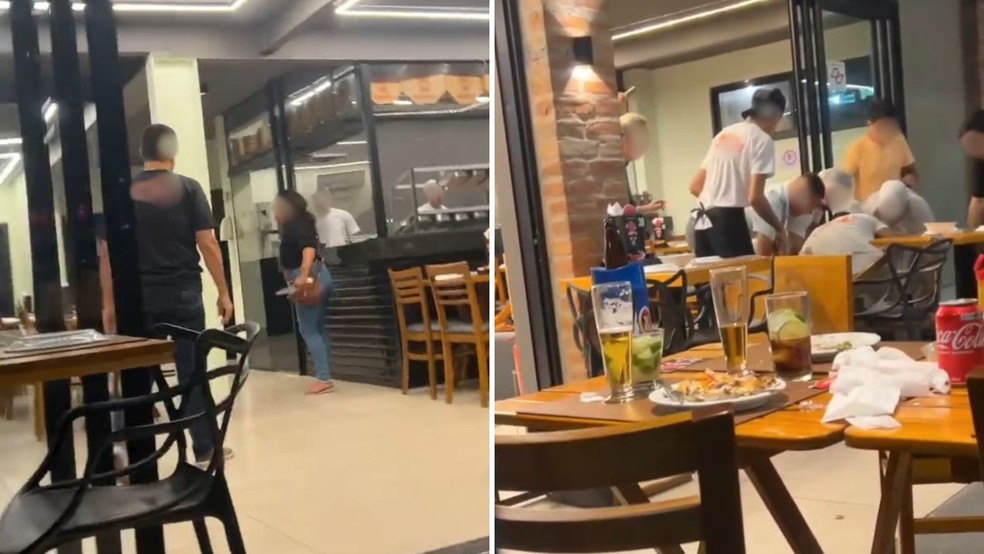 VÍDEO: mulher invade pizzaria armada com facão e é contida por funcionários em Marília (SP) — Foto: Agora no Interior/reprodução