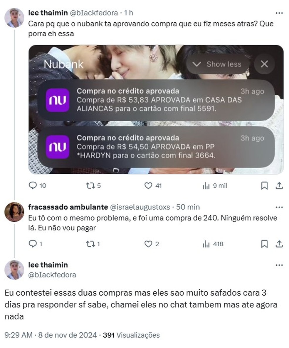 Usuários relatam problemas de cobrança duplicada no app do Nubank — Foto: Reprodução