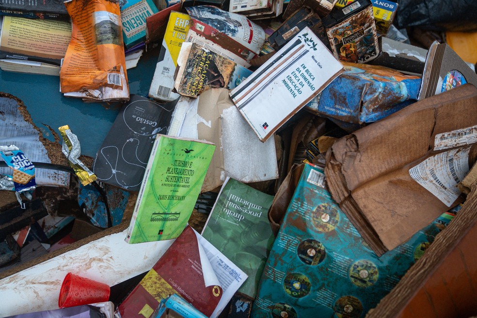 Volumes sobre questão ambiental são vistos em meio a material didático de biblioteca escolar inundada em Colinas (RS) — Foto: Fábio Tito/g1