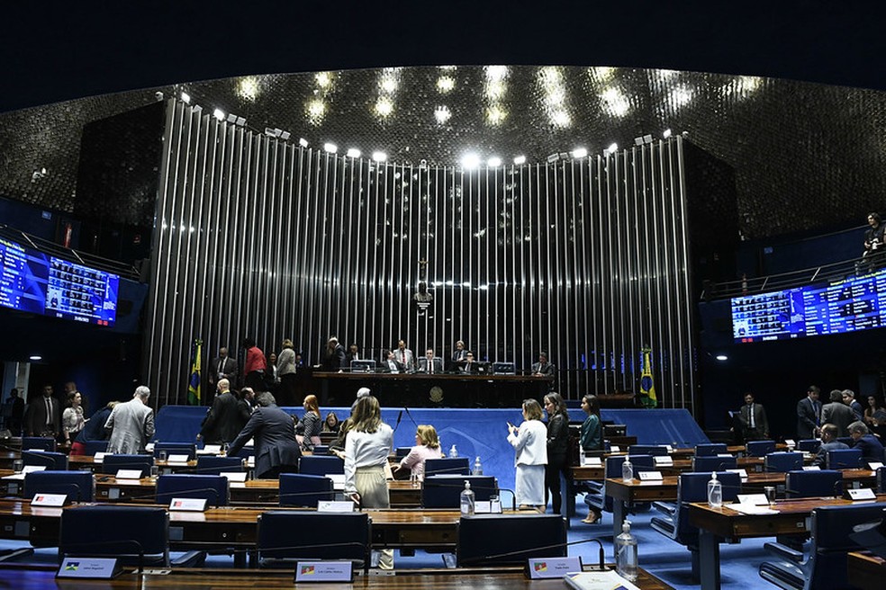 Parlamentares durante sessão do Senado no plenário principal da Casa — Foto: Roque de Sá/Agência Senado
