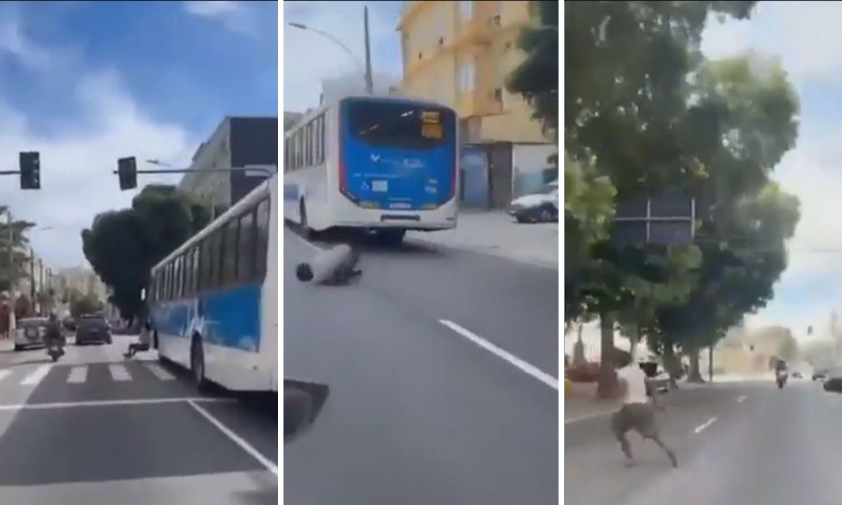 Homem pendurado em janela cai de ônibus em movimento e escapa por pouco de atropelamento na Zona Norte do Rio; VÍDEO