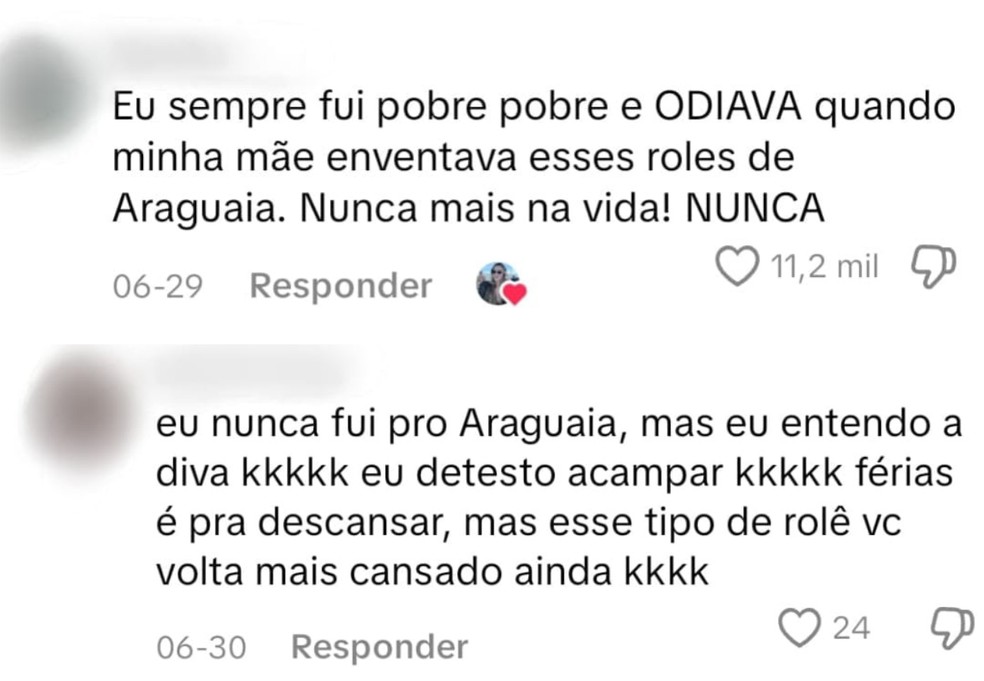 Seguidores se identificam com reação de Laura com os alojamento de acampamento no rio Araguaia — Foto: Reprodução/redes sociais