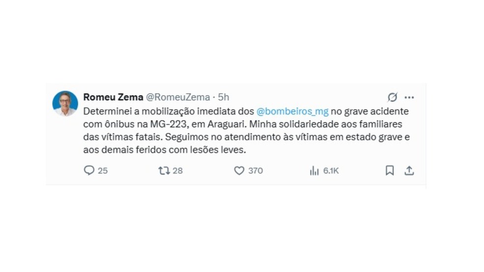 Governador Romeu Zema se solidariza �s v�timas do acidente � Foto: Redes sociais/Reprodu��o