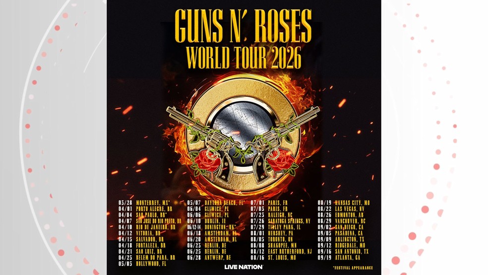 Cartaz mostra cidades por onde a turnê mundial do Guns N' Roses; banda se apresentará em São Luís; — Foto: Divulgação/ Guns N' Roses