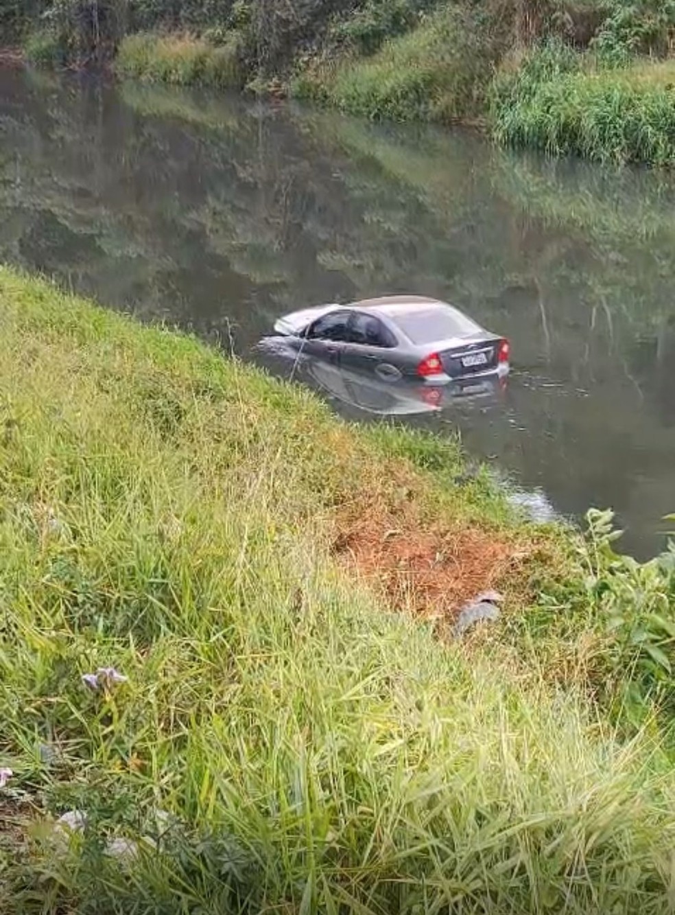 Motorista sai ileso após perder o controle do carro e cair no Rio Paraibuna em Juiz de Fora — Foto: Redes Sociais/Reprodução