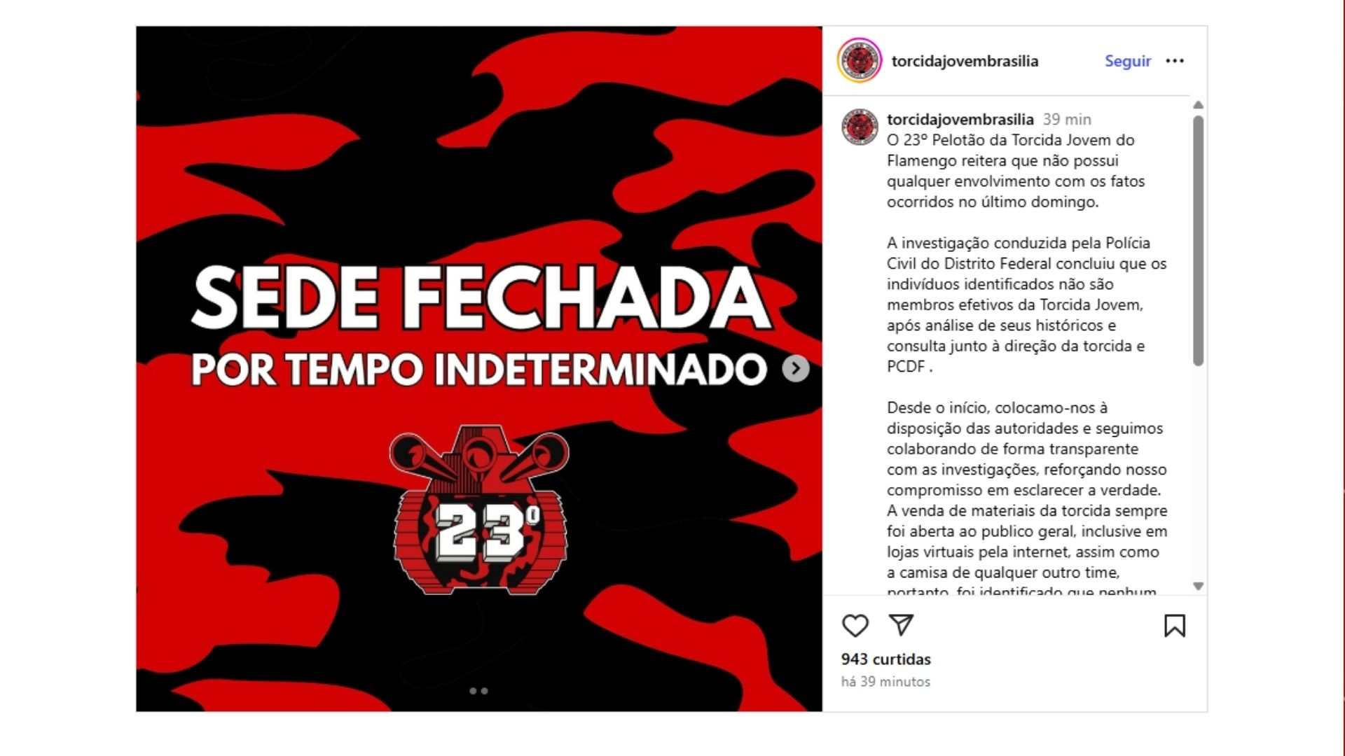 Torcida Jovem do Flamengo nega relação com morte de vascaíno no DF, mas decide fechar sede em Samambaia